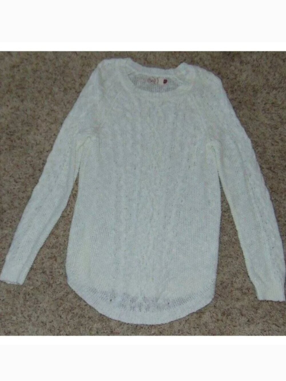 SO Crochet Sweater Womens L White Knit Long Sleeve Round Hem Crew Neck